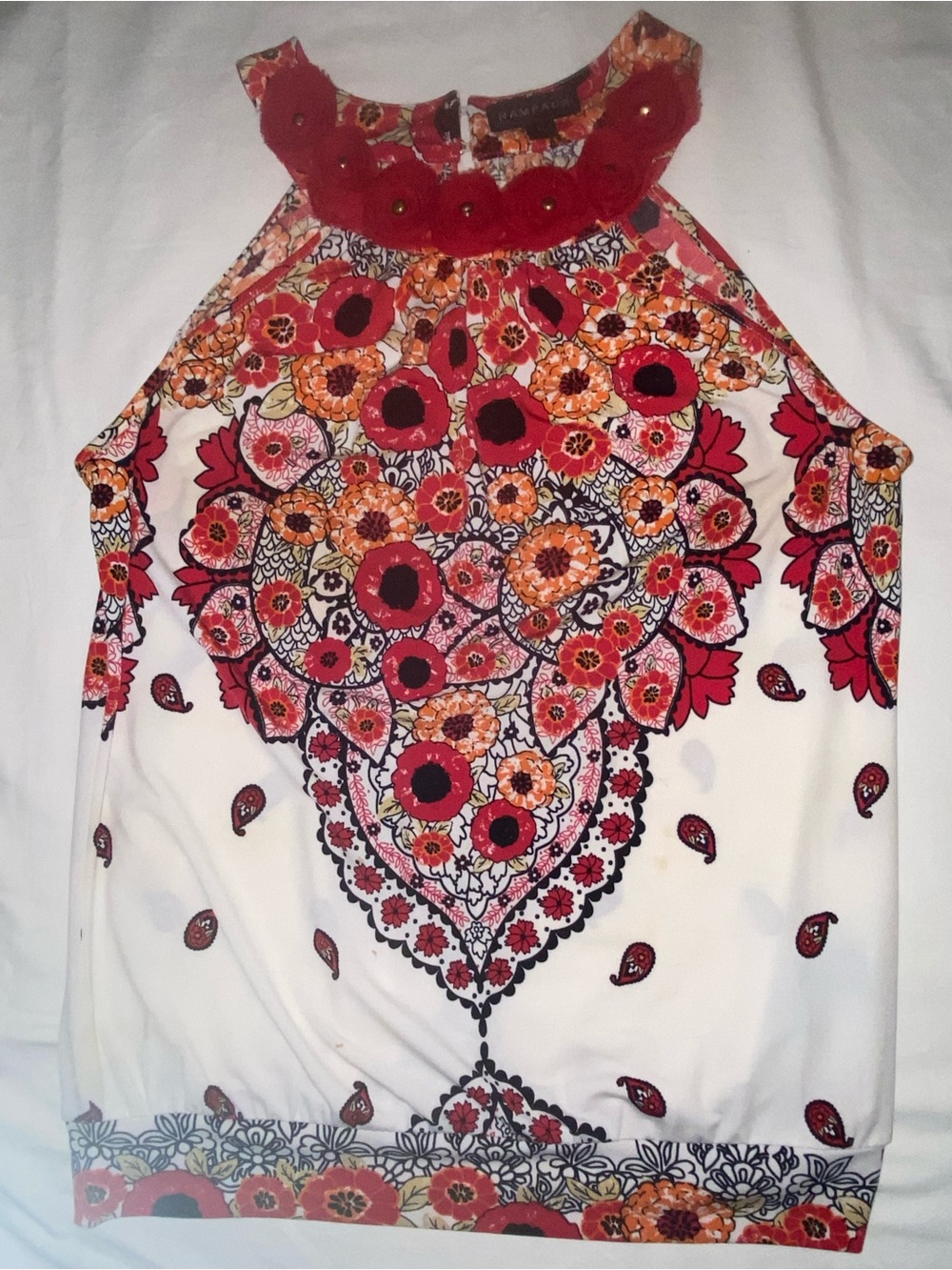 Rampage Red Floral Halter Top with Crochet Rosettes